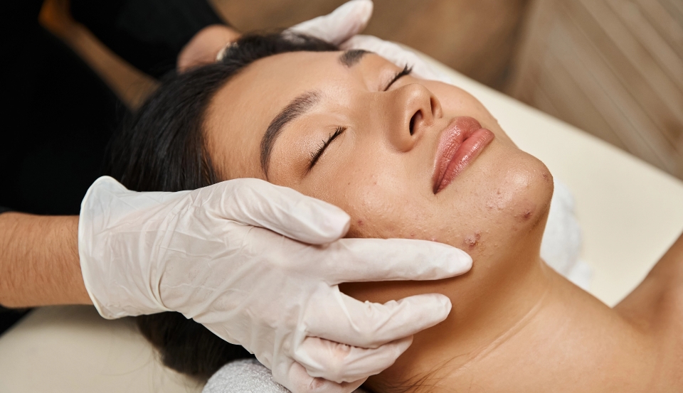 facial treatment acneprone skin masseuse latex gloves asian woman with closed eyes