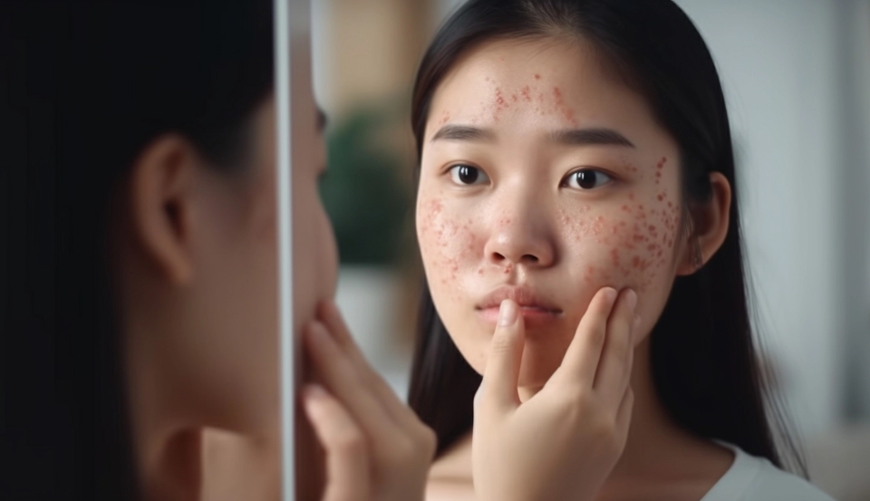 photo dermatology puberty asian young woman girl looking sad