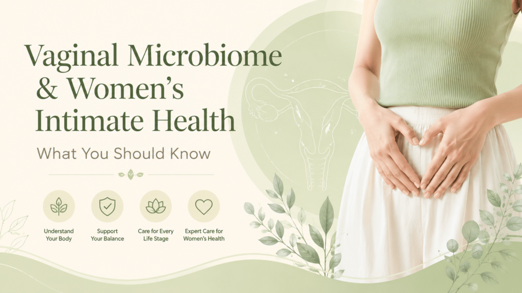 Woman’s intimate health illustration representing vaginal microbiome, perimenopause and menopause care