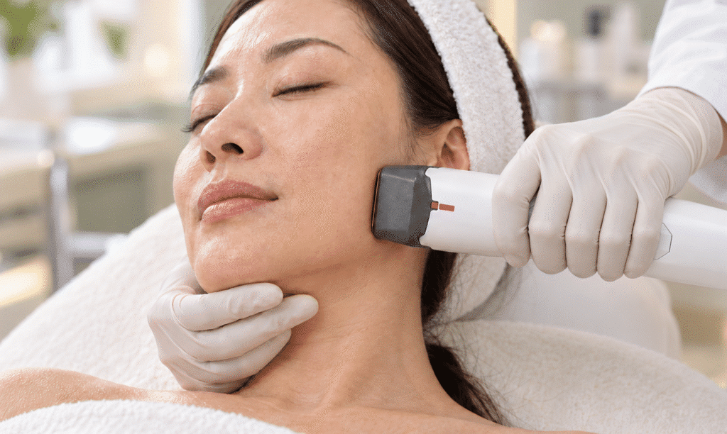 AI-generated illustration of an Asian woman receiving XERF treatment, with the handpiece placed against her cheek.